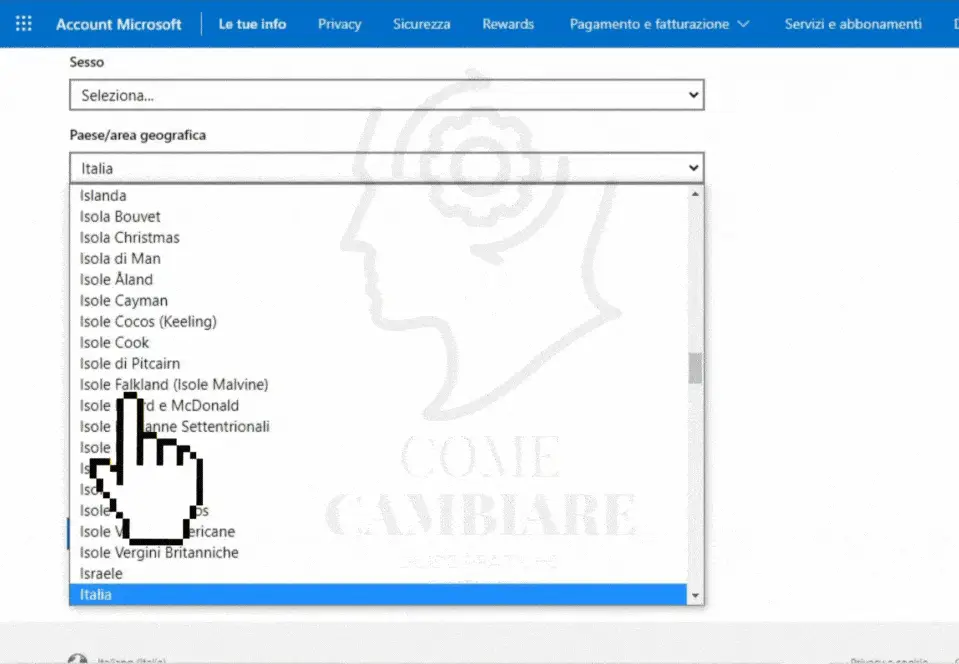 seleziona paese account microsoft