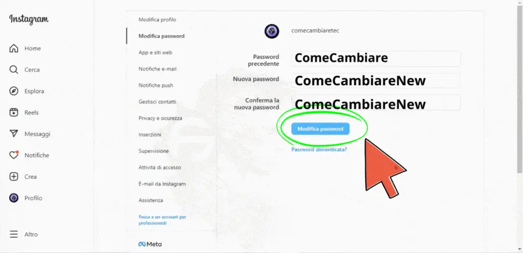 come cambiare la password di instagram