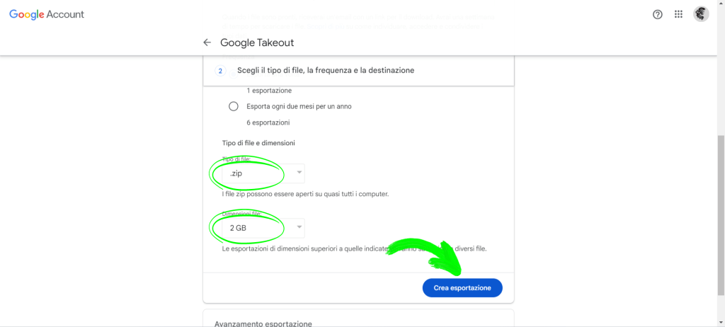 Scegli il tipo di file, la frequenza e la destinazione di google backup